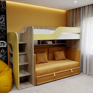 Кровать двухъярусная с раздвижным диваном для подростка