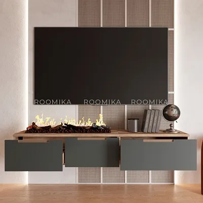 Тумба ТВ навесная с электрокамином, фасады в эмали LE548.451