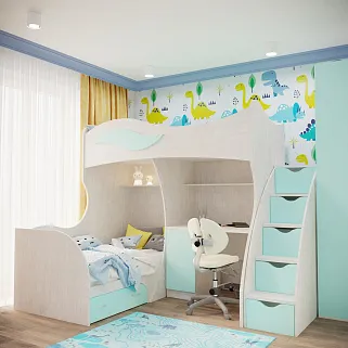 Кровать двухъярусная угловая со столом и лестницей комодом P909, 90x200