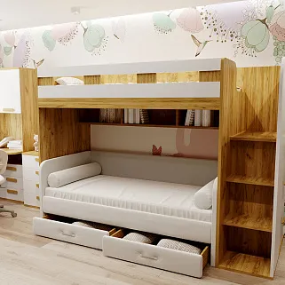Кровать двухъярусная с диваном для подростка с лестницей комодом