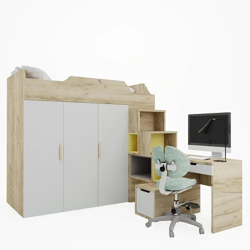 Кровать-чердак со встроенным столом, тумбой и шкафом L920, 90x190 L/R