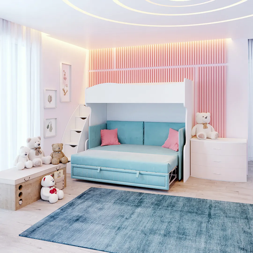 Кровать двухъярусная с раздвижным диваном для подростка девочки