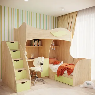 Кровать двухъярусная угловая со столом и лестницей комодом P909, 90x200