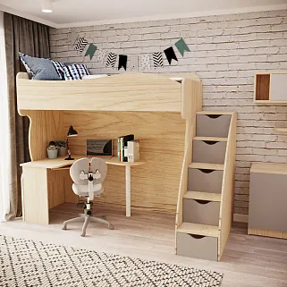 Кровать-чердак с рабочей зоной и лестницей P907, 90x200