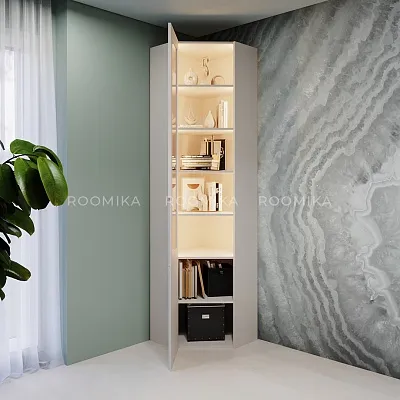 Шкаф угловой книжный со стеклом, фасады в эмали LE247 с подсветкой