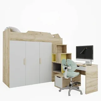 Кровать-чердак со встроенным столом, тумбой и шкафом L920, 90x190 L/R