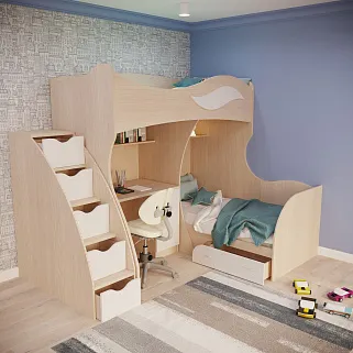 Кровать двухъярусная угловая со столом и лестницей комодом P909, 90x200
