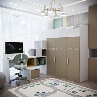 Кровать-чердак со встроенным столом, тумбой и шкафом L920, 90x190 L/R