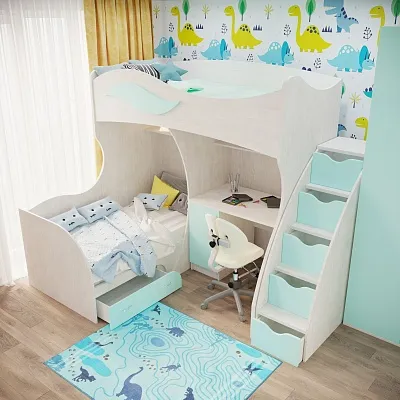 Кровать двухъярусная угловая со столом и лестницей комодом P909, 90x200