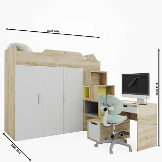 Кровать-чердак со встроенным столом, тумбой и шкафом L920, 90x190 L/R