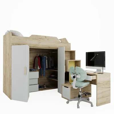 Кровать-чердак со встроенным столом, тумбой и шкафом L920, 90x190 L/R