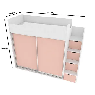 Кровать-чердак  с лестницей комодом, фасады в эмали LE905, 90x190 L/R