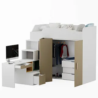 Кровать-чердак со встроенным столом, тумбой и шкафом L920, 90x190 L/R