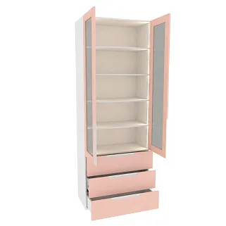 Шкаф книжный с тремя ящиками со стеклом, фасады в эмали LE213S с подсветкой