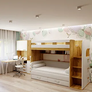 Кровать двухъярусная с диваном для подростка с лестницей комодом