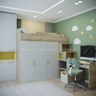 Кровать-чердак со встроенным столом, тумбой и шкафом L920, 90x190 L/R