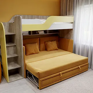 Кровать двухъярусная с раздвижным диваном для подростка