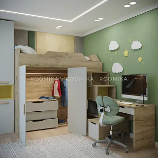 Кровать-чердак со встроенным столом, тумбой и шкафом L920, 90x190 L/R