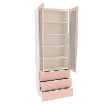 Шкаф книжный с тремя ящиками со стеклом, фасады в эмали LE213S с подсветкой