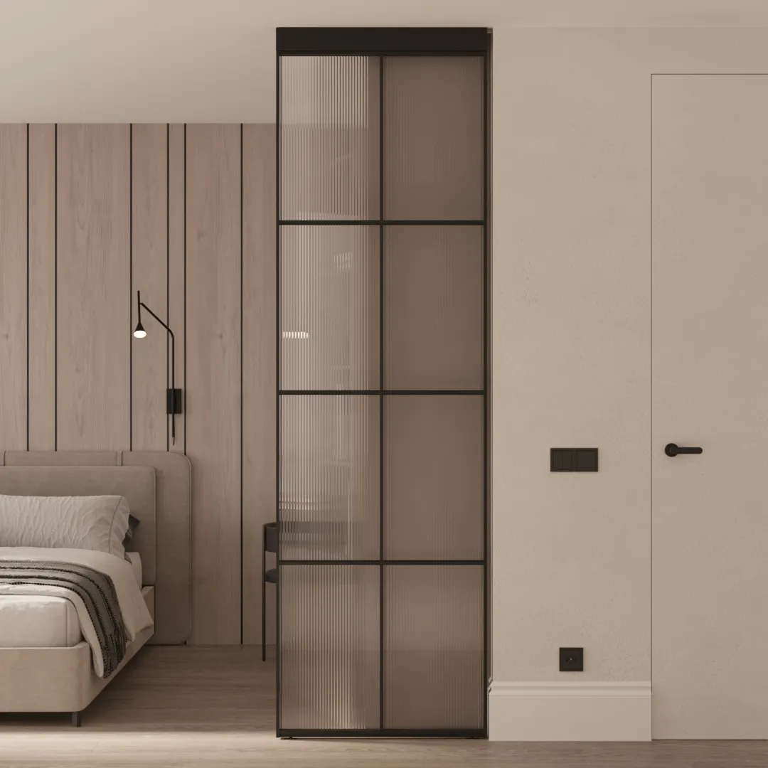 Стеклянная перегородка для зонирования квартиры студии, стекло Эстриадо GRACE 12