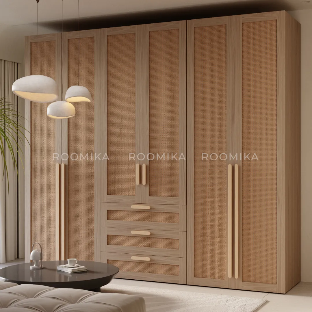 Шкаф книжный/для одежды с тремя ящиками, фасады натуральный ротанг L213