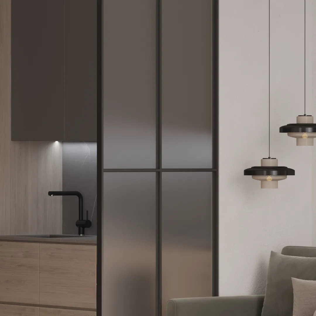 Сатинированная перегородка для зонирования в студии, стекло Сатинато GRACE 10