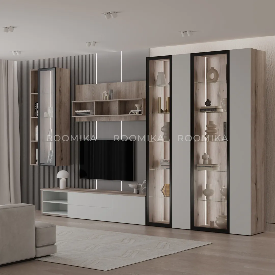 Шкаф со стеклянными фасадом полки стекло с подсветкой R220.1