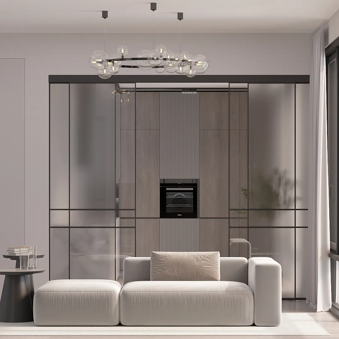 Сатинированная перегородка для спальни, стекло прозрачное и Сатинато GRACE 8