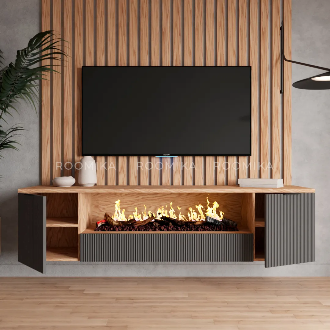 Тумба ТВ навесная с электрокамином, фрезерованные фасады в эмали LE549.451