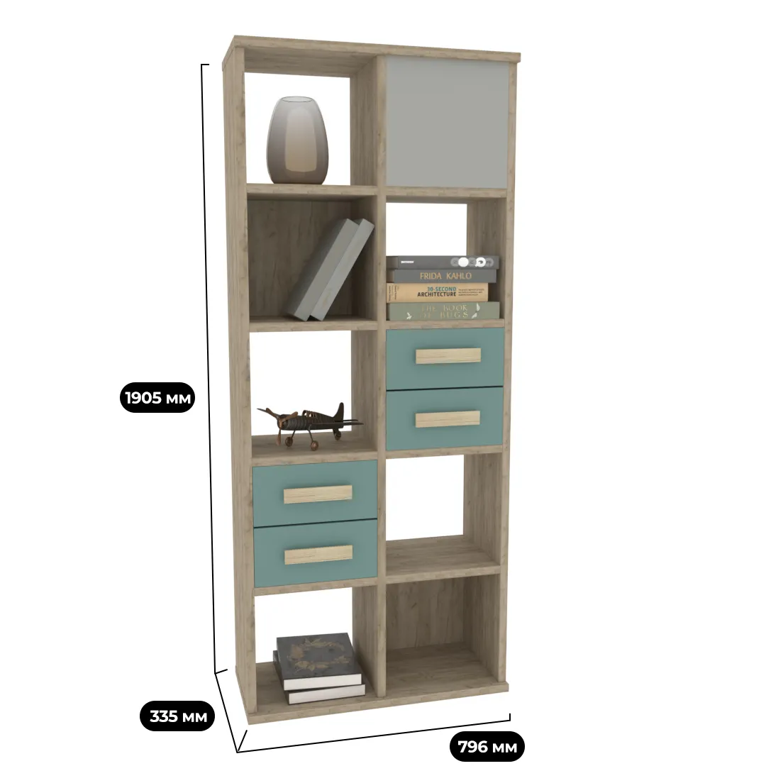 Стеллаж сквозной книжный на 10 ниш с ящиками E810