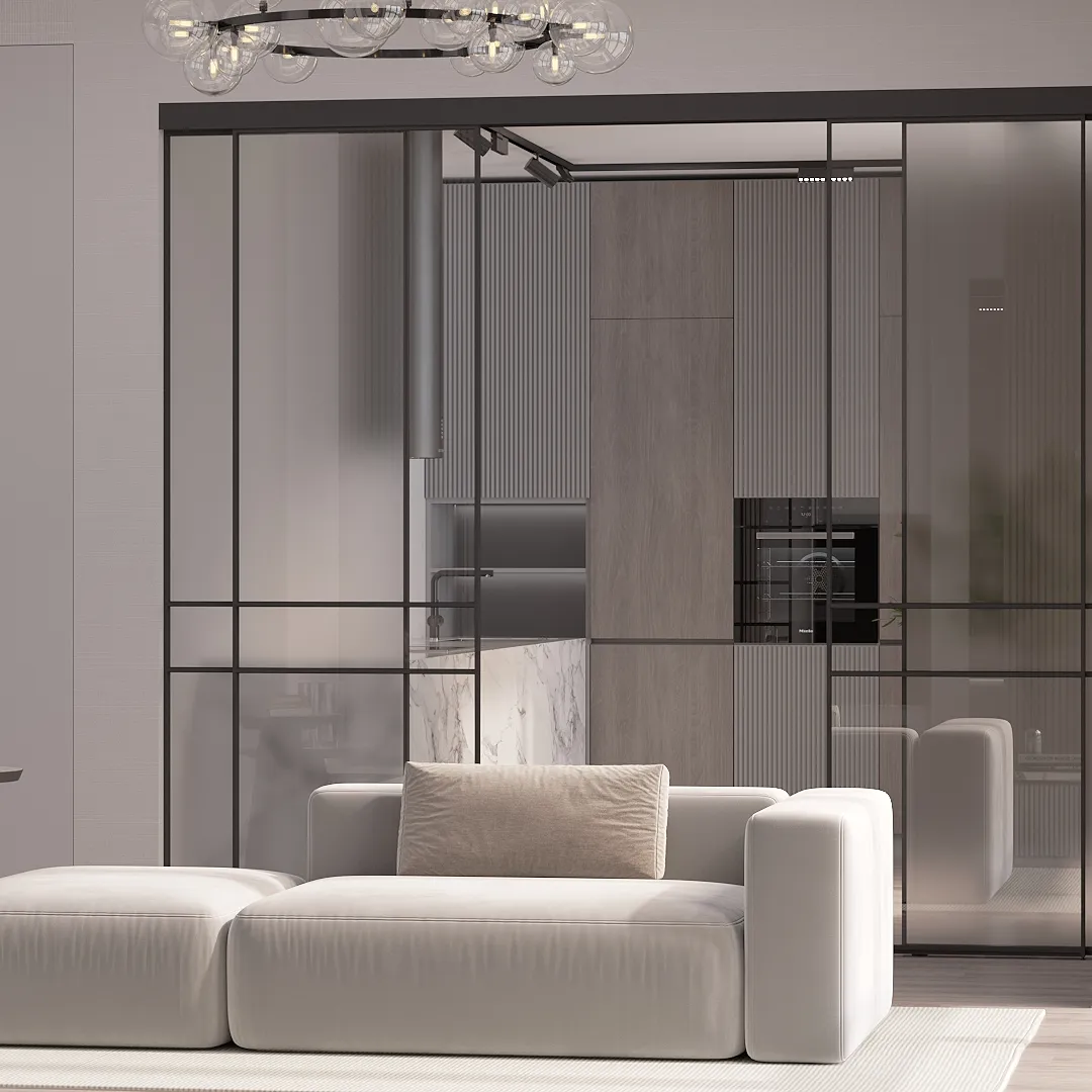 Сатинированная перегородка для спальни, стекло прозрачное и Сатинато GRACE 8