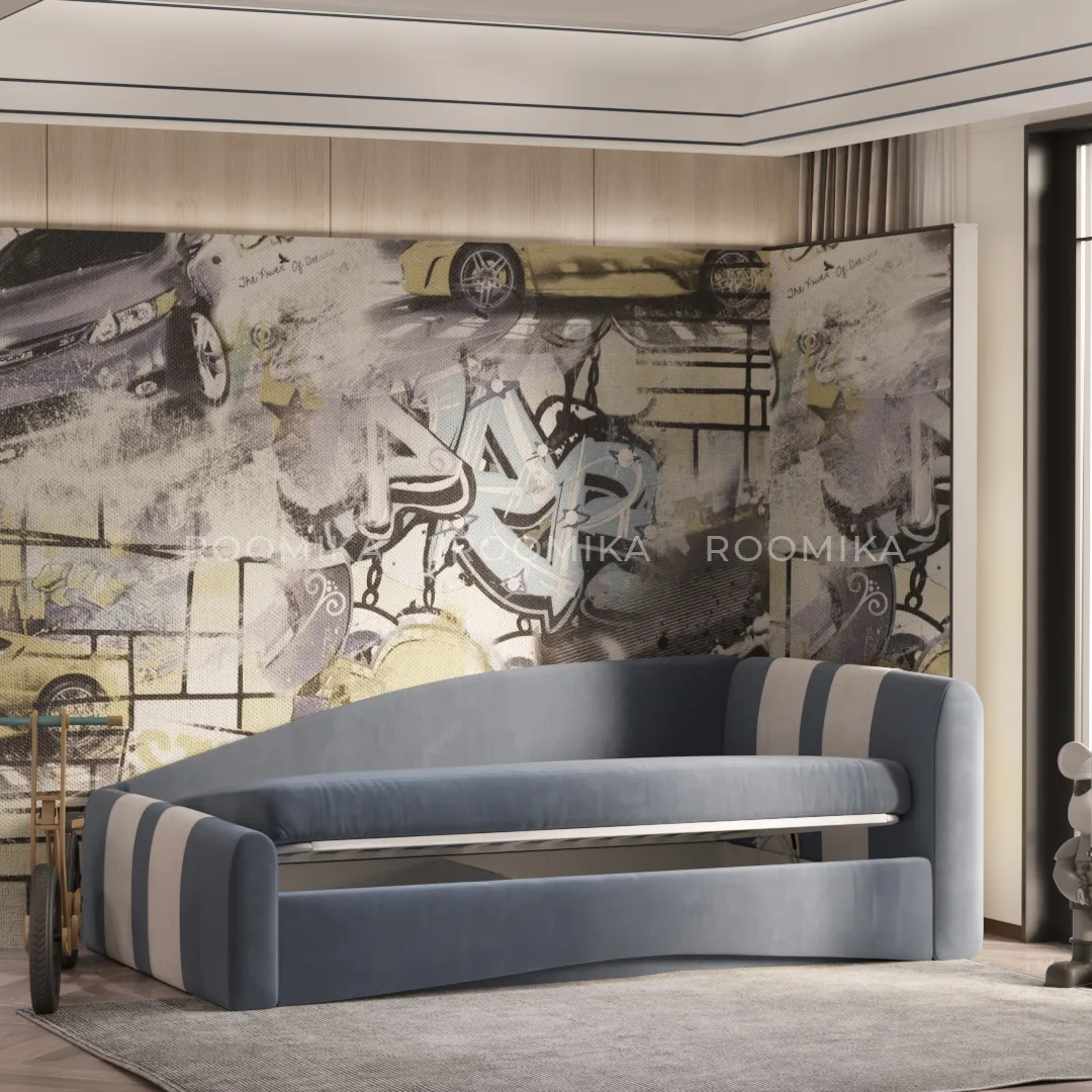 Кровать односпальная мягкая с ящиком для белья ТОКИО с полосками, 90x190