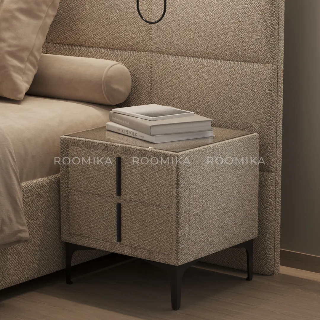 Тумба прикроватная мягкая, стекло прозрачное, ножки черные ГРЕЙС752