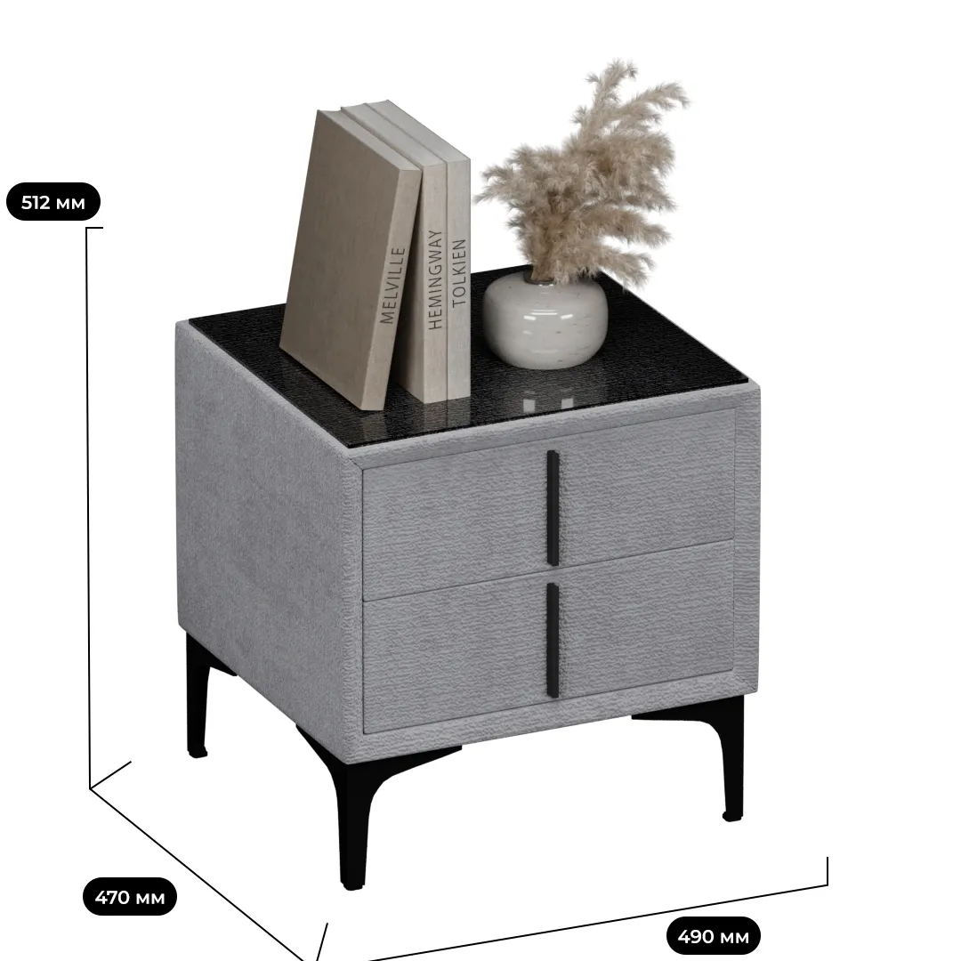 Тумба прикроватная мягкая, стекло прозрачное, ножки черные ГРЕЙС752