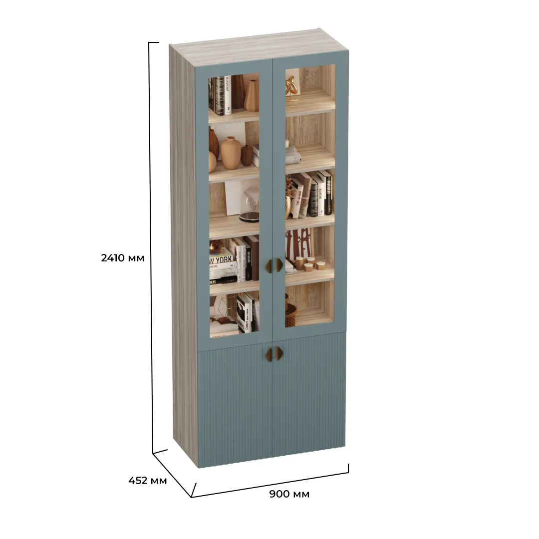 Шкаф книжный со стеклом, фрезерованные фасады в эмали с подсветкой LE214S