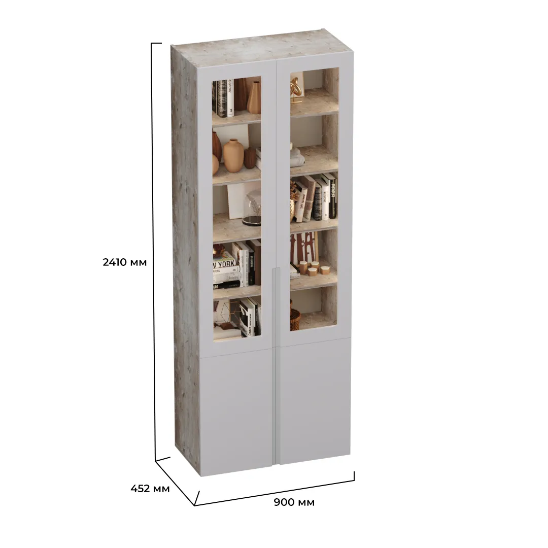 Шкаф книжный со стеклом, фасады в эмали с подсветкой LE214S