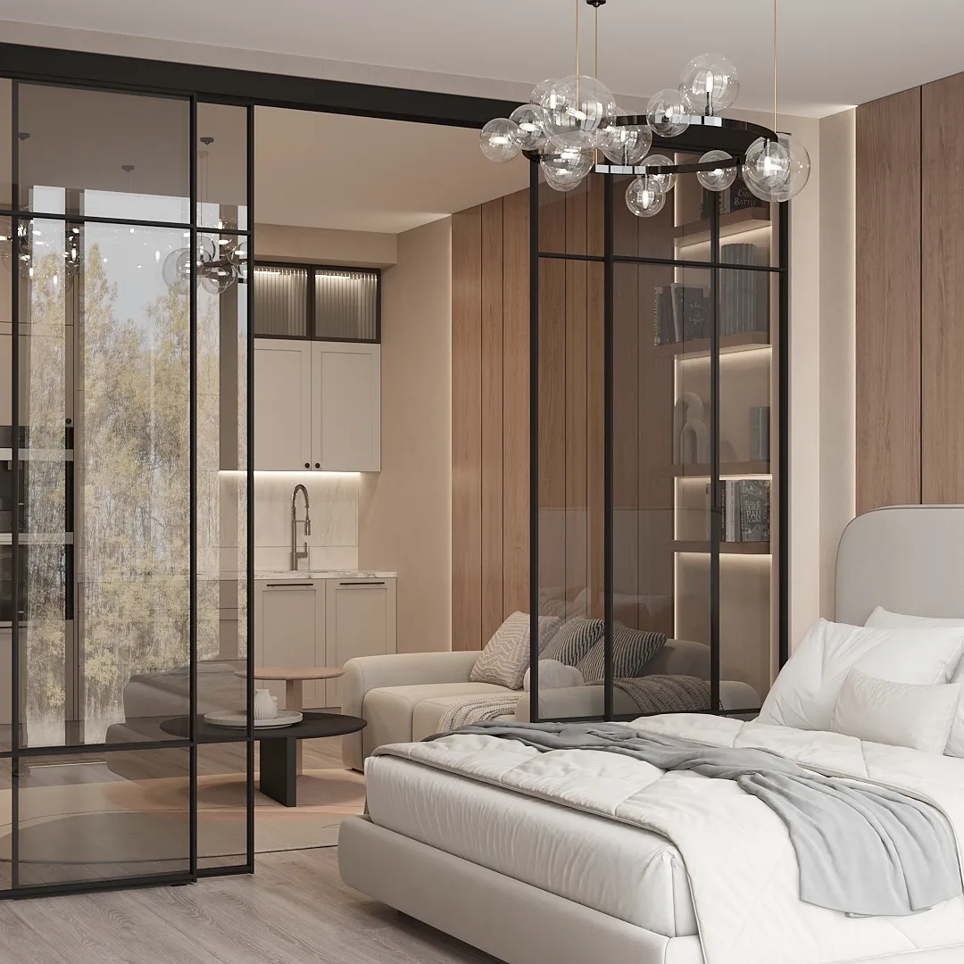 Прозрачная межкомнатная перегородка для спальни, стекло Титан GRACE 7