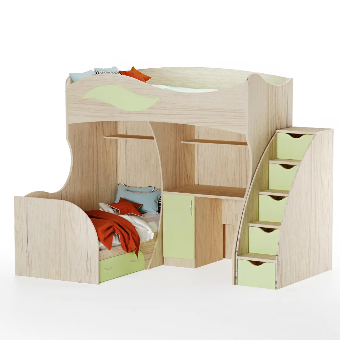 Кровать двухъярусная угловая со столом и лестницей комодом P909, 90x200 Кровать двухъярусная угловая со столом и лестницей комодом P909, 90x200