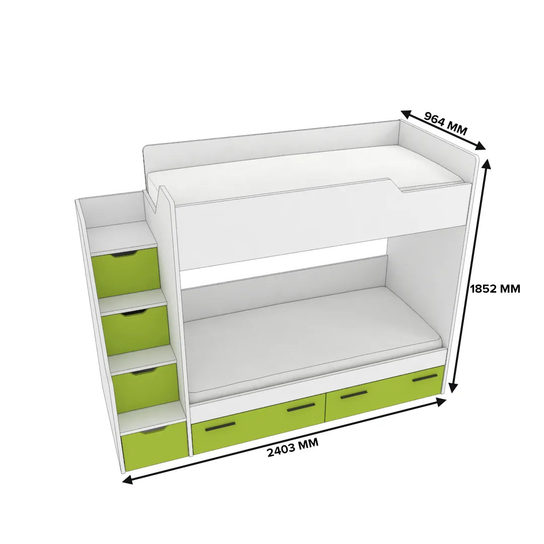 Кровать двухъярусная с лестницей комодом L904, 90x190 L/R