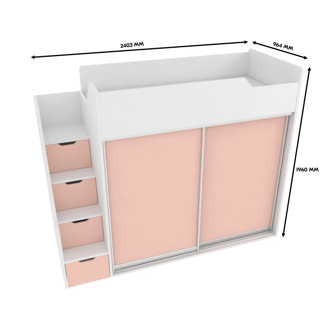 Кровать-чердак  с лестницей комодом, фасады в эмали LE905, 90x190 L/R