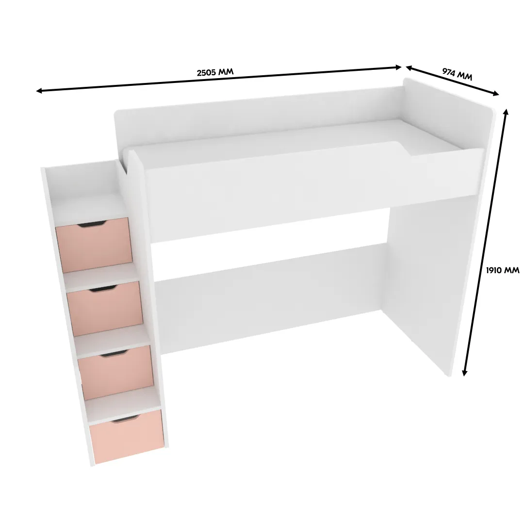 Кровать-чердак  с лестницей комодом, фасады в эмали LE907, 90x200 L/R