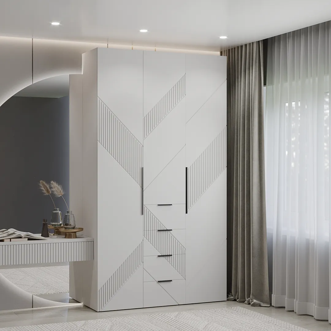 Шкаф трехдверный с ящиками узкий, фрезерованные фасады в эмали LE203.44