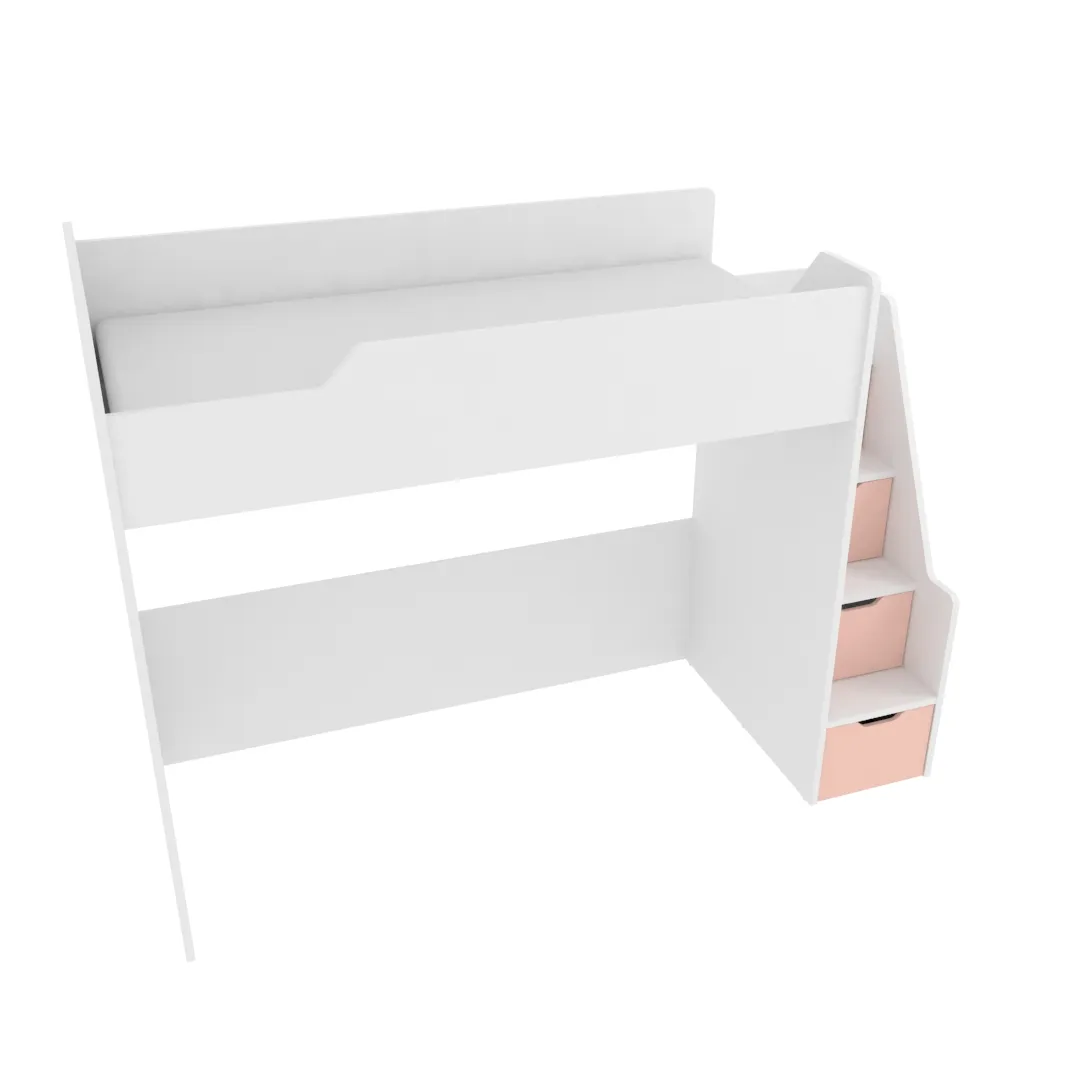 Кровать-чердак  с лестницей комодом, фасады в эмали LE907, 90x200 L/R