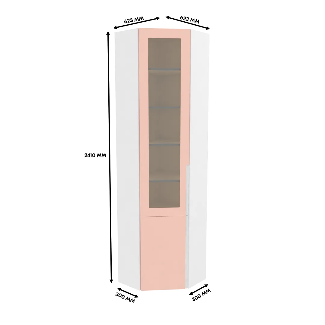 Шкаф угловой книжный со стеклом, фасады в эмали LE247 с подсветкой