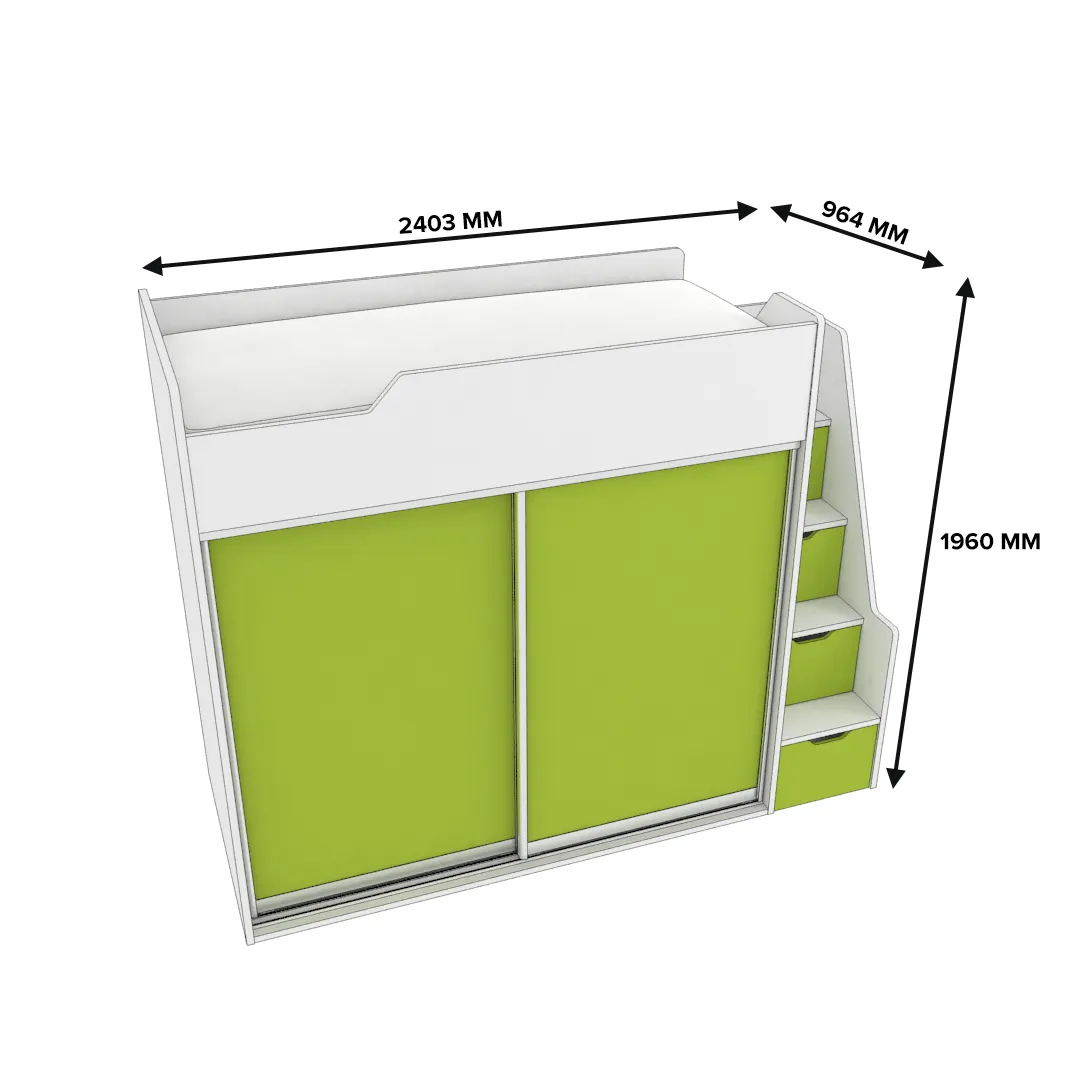 Кровать-чердак  с лестницей комодом L905, 90x190 L/R