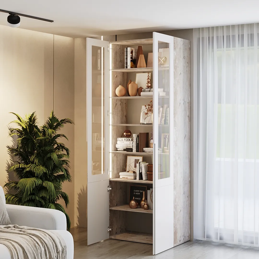 Шкаф книжный со стеклом, фасады в эмали с подсветкой LE214S