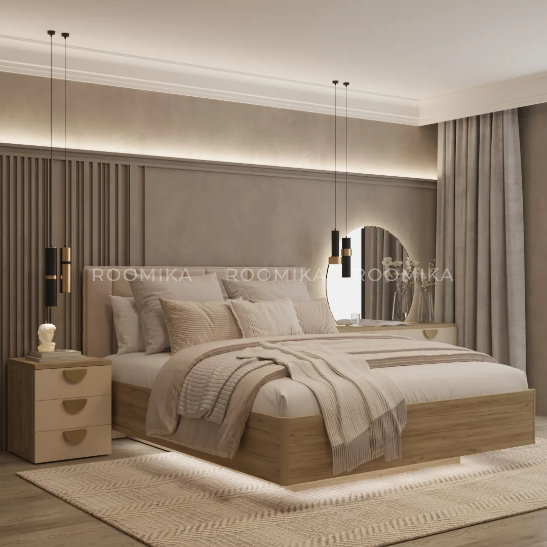 Кровать двуспальная Lazio с парящим эффектом и мягким чехлом в полоску, 180x200