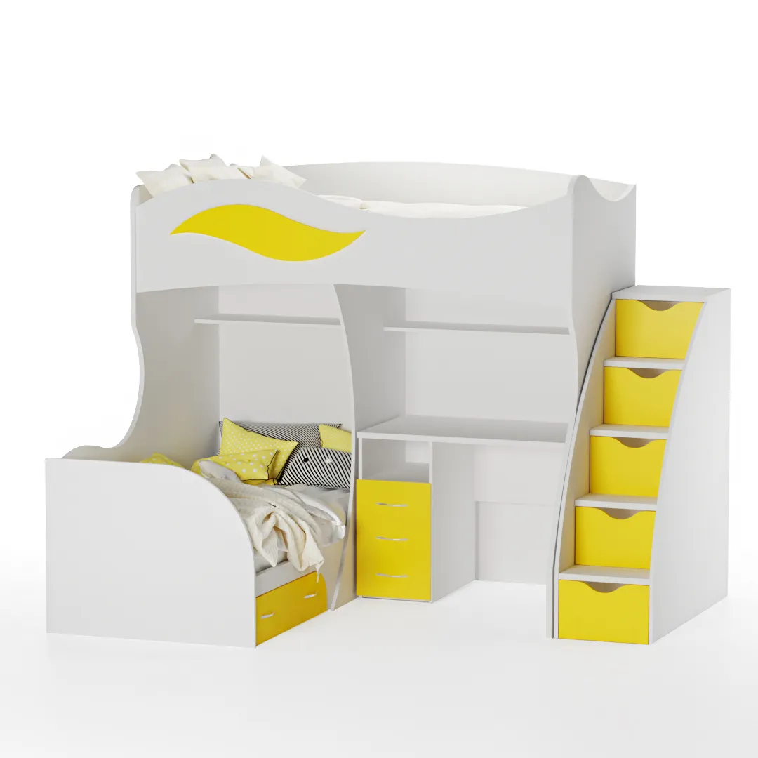 Кровать двухъярусная угловая со столом и лестницей комодом P909, 90x200 Кровать двухъярусная угловая со столом и лестницей комодом P909, 90x200