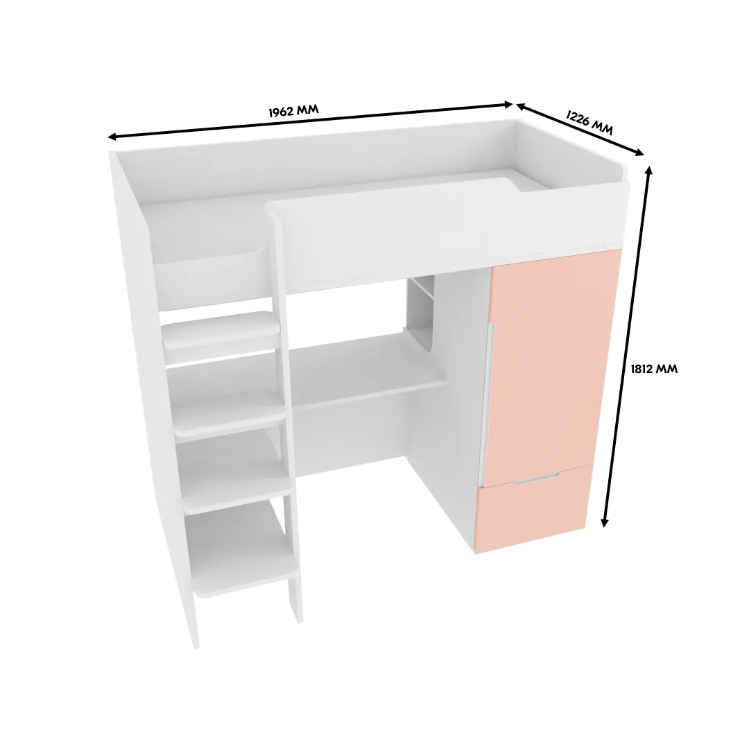 Кровать-чердак с рабочей зоной, фасады в эмали LE909, 90x190 L/R
