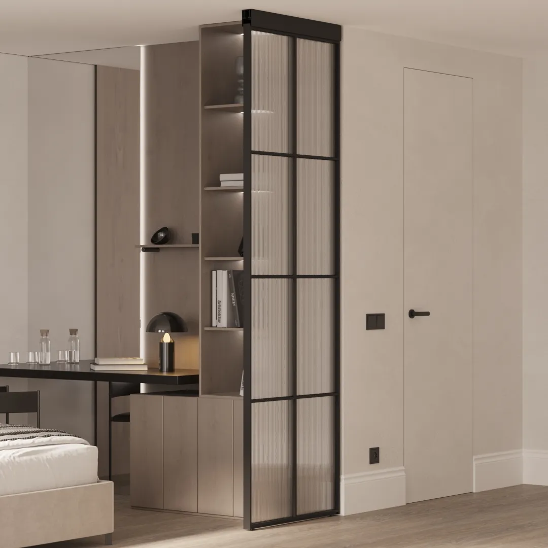 Стеклянная перегородка для зонирования квартиры студии, стекло Эстриадо GRACE 12